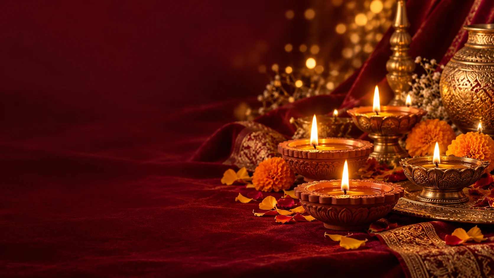 Warm brass diyas and marigolds