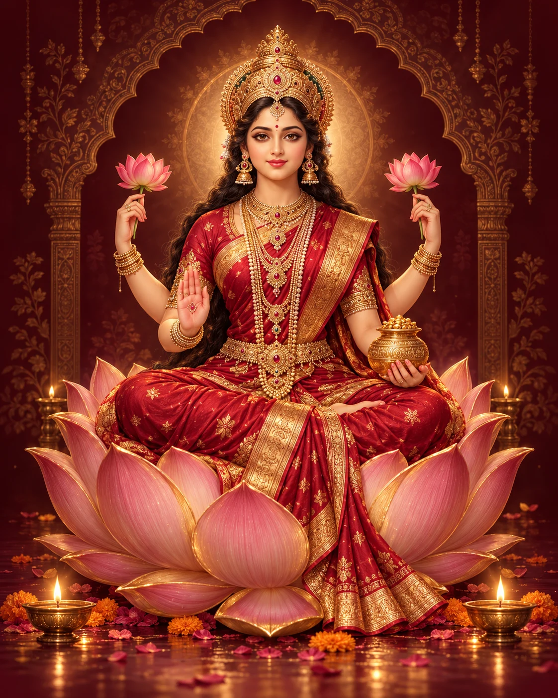 A devotional illustration of Lakshmi Maa seated on a lotus, surrounded by warm festive light